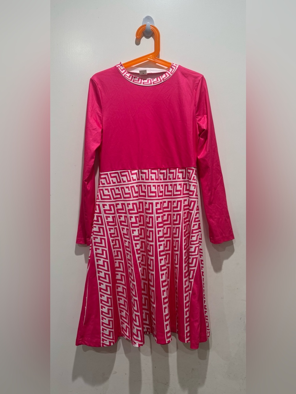 Shein-Fuchsia Pink Long Sleeve Patterned Midi Dress